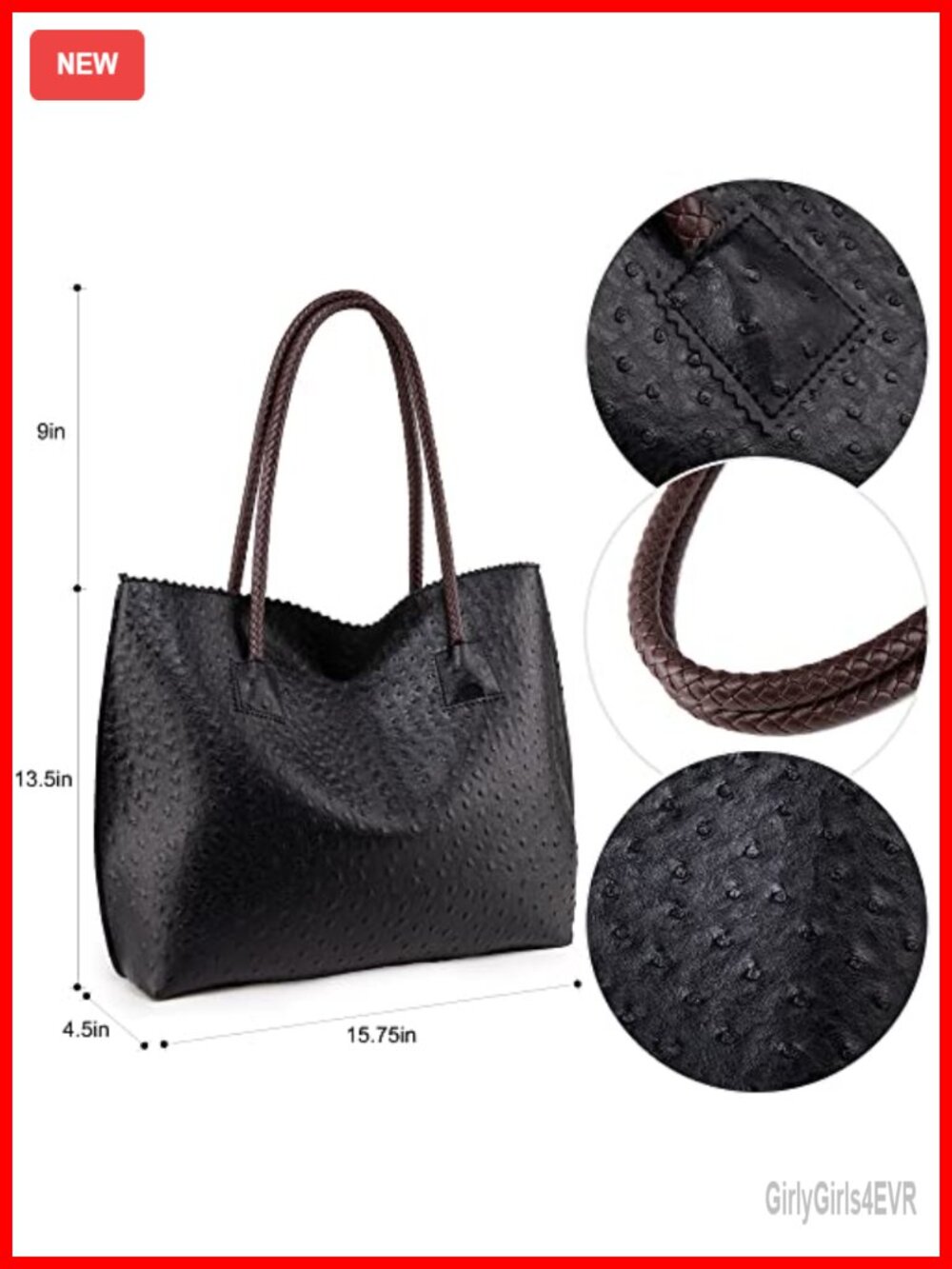 Large Tote Bag for Women with Zipper Ostrich Vegan Leather Handbags Shoulder - Picture 4 of 6